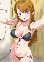 Rule 34 | 1girl, :d, absurdres, ahoge, arm up, bare arms, bare shoulders, bikini, black bikini, blue eyes, blush, breasts, brown hair, cleavage, clothes hanger, collarbone, commentary request, cowboy shot, curtains, echihiro, fitting room, front-tie bikini top, front-tie top, groin, hair between eyes, halterneck, hand up, highres, idolmaster, idolmaster million live!, indoors, large breasts, long hair, looking at viewer, navel, open mouth, outstretched arm, reaching, reaching towards viewer, selfie, side-tie bikini bottom, sidelocks, smile, solo, standing, stomach, string bikini, sweatdrop, swept bangs, swimsuit, tokoro megumi, v