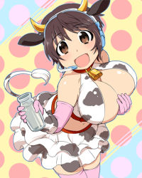 Rule 34 | 10s, 1girl, :d, animal ears, animal print, azumakuro, bell, bottle, breasts, brown eyes, brown hair, cleavage, collar, cow ears, cow horns, cow print, cow tail, cowbell, elbow gloves, frilled skirt, frills, gloves, headset, horns, idolmaster, idolmaster cinderella girls, large breasts, milk, milk bottle, neck bell, oikawa shizuku, open mouth, pink gloves, pink thighhighs, polka dot, polka dot background, short hair, skirt, smile, solo, tail, thighhighs