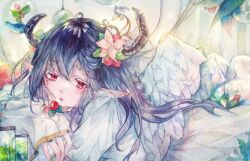 Rule 34 | 1girl, absurdres, angel wings, blue hair, colored eyelashes, dark blue hair, facial mark, flower, food, fruit, guzangnanfeng, highres, horns, long hair, long sleeves, lying, open mouth, original, painting (medium), pointy ears, red eyes, solo, strawberry, traditional media, watercolor (medium), white wings, wings