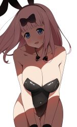 Rule 34 | 1girl, animal ears, bare arms, bare legs, bare shoulders, black bow, black bowtie, black hairband, black leotard, blue eyes, blush, bow, bowtie, breast press, breasts, cleavage, collarbone, commentary, coro fae, covered navel, dot nose, fake animal ears, fujiwara chika, hair bow, hair down, hair ornament, hairband, highres, kaguya-sama wa kokurasetai ~tensai-tachi no renai zunousen~, large breasts, leaning forward, leotard, long hair, looking at viewer, nervous, open mouth, paid reward available, pink hair, playboy bunny, rabbit ears, rabbit hair ornament, raised eyebrows, simple background, smile, solo, sweat, sweatdrop, thick thighs, thigh gap, thighs, white background, wrist cuffs