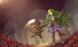 Rule 34 | 1girl, absurdres, arch, axe, bad id, bad pixiv id, battle axe, brown theme, dutch angle, fence, flower, gauntlets, green eyes, green hair, highres, long hair, matching hair/eyes, pantyhose, phantom of the kill, purple pantyhose, rose, solo, teiraa, very long hair, weapon