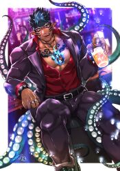 Rule 34 | 1boy, alcohol, bar (place), bara, beard, belt, black hair, blue eyes, blue fire, blue hair, border, bracelet, chest tattoo, cup, dark-skinned male, dark skin, ear piercing, facial hair, facial tattoo, fangs, fangs out, feet out of frame, fire, goatee, headband, highres, holding, holding cup, impossible pants, jewelry, large pectorals, licking lips, male focus, multicolored hair, multiple rings, muscular, muscular male, official alternate costume, open clothes, open mouth, open shirt, outside border, pants, pectorals, piercing, pointy ears, purple pants, purple vest, red shirt, ring, shirt, short hair, signature, smile, solo, tangaroa (housamo), tangaroa mugen (housamo), tattoo, tentacles, thighs, tokyo houkago summoners, tongue, tongue out, two-tone hair, vest, white border, yanai inaya