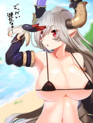 Rule 34 | 10s, 1girl, arm up, bare shoulders, bikini, blush, breasts, cleavage, draph, elbow gloves, gloves, granblue fantasy, grey hair, hair between eyes, horns, large breasts, long hair, looking at viewer, micro bikini, navel, open mouth, pointy ears, red eyes, smile, solo, swimsuit, tenken (gotannda), threo (granblue fantasy), translated