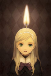 Rule 34 | 1girl, blonde hair, bow, candle, child, creepy, fire, green eyes, hairband, kirobaito, original, personification, smile, solo, surreal, tears, wax
