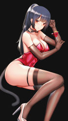 Rule 34 | 1girl, alternate costume, alternate hairstyle, black background, black bow, black bowtie, black gloves, black hair, black thighhighs, bow, bowtie, breasts, cat tail, cocktail glass, commentary, covered navel, cup, drinking glass, elbow gloves, english commentary, fake tail, gloves, high heels, highres, holding, holding cup, isokaze (kancolle), kantai collection, kitsune udon (ai br), large breasts, leotard, long hair, ponytail, red eyes, red leotard, simple background, sitting, smile, solo, strapless, strapless leotard, tail, thighhighs, white footwear