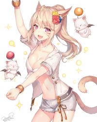 Rule 34 | 10s, 1girl, 2016, :d, animal ears, arm up, warrior of light (ff14), bikini, bikini top only, blonde hair, blue flower, blush, bracelet, breasts, buttons, cat ears, cat girl, cat tail, cleavage, collarbone, cowboy shot, dancing, dated, eyebrows, facial mark, fang, final fantasy, final fantasy xiv, flower, flying, front-tie bikini top, front-tie top, grey shorts, hair flower, hair intakes, hair ornament, highres, jewelry, long hair, looking at viewer, medium breasts, miqo&#039;te, momoko (momopoco), moogle, navel, open clothes, open mouth, open shirt, ponytail, purple eyes, red flower, shiny skin, shirt, short shorts, shorts, simple background, slit pupils, smile, solo focus, stomach, swimsuit, tail, tareme, teeth, twitter username, white background, white shirt, yellow flower