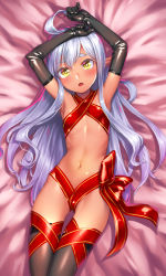 Rule 34 | 1girl, :o, ahoge, armpits, arms up, bed sheet, black gloves, black thighhighs, blush, breasts, dark-skinned female, dark skin, elbow gloves, elf, feet out of frame, female focus, gloves, h kasei, highres, long hair, looking at viewer, lying, naked ribbon, navel, on back, original, pointy ears, ribbon, silver hair, small breasts, solo, thigh gap, thighhighs, very long hair, yellow eyes