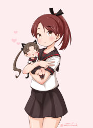 Rule 34 | 2girls, animal ears, ayanami (kancolle), black sailor collar, black skirt, brown eyes, brown hair, cat ears, cat tail, commentary request, cowboy shot, dated, extra ears, kantai collection, looking at viewer, masara (chuujou), mini person, minigirl, multiple girls, one-hour drawing challenge, pink background, pleated skirt, ponytail, sailor collar, school uniform, serafuku, shikinami (kancolle), shikinami kai ni (kancolle), simple background, skirt, smile, tail, twitter username, v