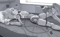 Rule 34 | 1girl, android, bed, breasts, cable, commentary, english commentary, greyscale, hair spread out, highres, joints, long hair, looking at viewer, lying, mechanical parts, monochrome, on back, on bed, original, parted lips, pillow, robot joints, science fiction, small breasts, solo, sukabu