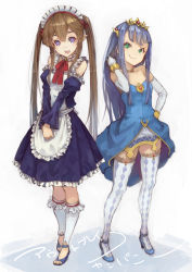 Rule 34 | 10s, 2girls, apron, argyle, argyle clothes, argyle legwear, bare shoulders, blue footwear, brown hair, choker, detached sleeves, dress, elbow gloves, elf, flat chest, gloves, green eyes, tucking hair, high heels, highres, jewelry, long hair, lots of jewelry, maid, maid apron, multiple girls, myucel foalan, necklace, open shoes, outbreak company, patterned legwear, petralka anne eldant iii, pointy ears, purple eyes, shoes, smile, strapless, strapless dress, suzuno (bookshelf), thighhighs, tiara, twintails, very long hair, white gloves, white legwear