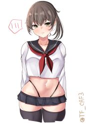 Rule 34 | 1girl, alternate costume, black skirt, black thighhighs, blush, breasts, brown hair, commentary request, cowboy shot, cropped legs, highleg, highleg panties, highres, kaga (kancolle), kantai collection, long sleeves, medium breasts, microskirt, midriff, navel, neckerchief, one-hour drawing challenge, panties, parted lips, pleated skirt, red neckerchief, school uniform, serafuku, shirt, short hair, simple background, skirt, solo, spoken blush, sweat, tf cafe, thighhighs, twitter username, underwear, white background, white shirt