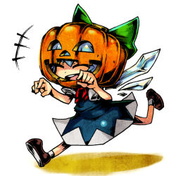 Rule 34 | 1girl, arms up, blue dress, blue hair, bow, cirno, closed eyes, dress, full body, hair bow, ice, ice wings, jack-o&#039;-lantern, open mouth, pumpkin, ribbon, running, sentarou, shoes, short hair, simple background, skirt, smile, solo, touhou, white background, white legwear, wings