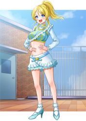 Rule 34 | 1girl, ankle socks, aqua footwear, aqua shirt, aqua skirt, ayase eli, blonde hair, blue eyes, blush, bobby socks, commission, cropped shirt, earrings, frills, full body, hands on own hips, high heels, highres, hiiragi kei, jewelry, long sleeves, looking at viewer, love live!, love live! school idol project, midriff, music s.t.a.r.t!!, navel, open mouth, ponytail, shirt, skeb commission, skirt, smile, socks, solo, teeth, upper teeth only, v-shaped eyebrows, white socks