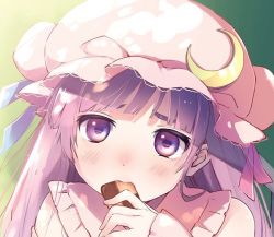 Rule 34 | 1girl, bad id, bad twitter id, blue ribbon, blunt bangs, blush, bun cover, collared dress, commentary request, cookie, crescent, crescent pin, dress, eating, fingernails, food, gradient background, green background, hat, hat ribbon, holding, holding food, jpeg artifacts, long hair, long sleeves, looking at viewer, mob cap, nose blush, patchouli knowledge, pink dress, pink hat, purple eyes, purple hair, red ribbon, ribbon, solo, thick eyebrows, touhou, upper body, vanilla (miotanntann), yellow background