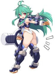Rule 34 | 1girl, antenna hair, arm shield, armored boots, ass, bare shoulders, blue thighhighs, boots, full body, green hair, hair between eyes, hairband, highres, holding, karukan (monjya), leotard, long hair, looking at viewer, looking back, outstretched arm, red eyes, shinrabanshou, shizuku (shinrabanshou), sidelocks, simple background, solo, spikes, standing, thighhighs, very long hair, white background, white hairband, white leotard