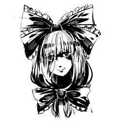 Rule 34 | bags under eyes, blunt bangs, bow, bowtie, closed mouth, frilled bow, frills, front ponytail, greyscale, hair bow, head tilt, kagiyama hina, long hair, looking at viewer, monochrome, ruukii drift, shaded face, simple background, smile, solo, touhou, white background