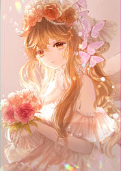 Rule 34 | 1girl, absurdres, bare shoulders, beads, bonnet, bouquet, brown hair, butterfly hair ornament, detached collar, dress, eyelashes, fairy wings, flower, flower wreath, hair beads, hair ornament, head wreath, highres, komorihikki, long hair, looking at viewer, off-shoulder dress, off shoulder, orange eyes, orange flower, orange hair, original, pink flower, rainbow, red flower, simple background, solo, sparkle, sunlight, upper body, white day, white dress, wings