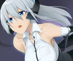 Rule 34 | 1girl, :o, bare shoulders, blue eyes, breasts, collared shirt, copyright request, doko tetora, elbow gloves, eyeliner, gloves, grey hair, hair between eyes, large breasts, long hair, makeup, open mouth, shirt, sleeveless, sleeveless shirt, solo, upper body, white gloves, wing collar