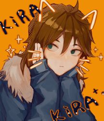 Rule 34 | 1boy, :t, absurdres, animated, animated gif, blue jacket, brown hair, chinese commentary, closed mouth, eyebrows hidden by hair, fur-trimmed jacket, fur trim, green eyes, hands on own cheeks, hands on own face, highres, isoi reiji, jacket, long sleeves, male focus, orange background, saibou shinkyoku, simple background, solo, sparkle, yikousuuu