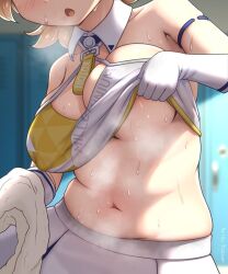 Rule 34 | 1girl, :o, arisu kazumi, bare shoulders, belly, blonde hair, blue archive, blush, breast lift, breasts, cheerleader, clothes lift, collarbone, commentary request, covered erect nipples, crop top, gloves, head out of frame, indoors, kotori (blue archive), kotori (cheer squad) (blue archive), large breasts, lifted by self, locker, locker room, midriff, millennium cheerleader outfit (blue archive), muffin top, navel, nipples, open mouth, plump, shirt lift, short hair, skirt, solo, stomach, sweat, sweatdrop, towel, twitter username, underboob, upper body, white gloves, white skirt