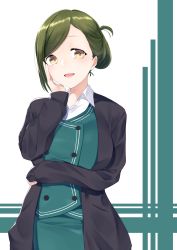 Rule 34 | 1girl, absurdres, asymmetrical hair, blush, breast hold, breasts, brown eyes, buttons, cardigan, folded ponytail, formal, green hair, hand on own cheek, hand on own face, hand up, highres, idolmaster, idolmaster shiny colors, jacket, long hair, looking at viewer, medium breasts, nanakusa hazuki, nishinomiya suzu, office lady, open cardigan, open clothes, open jacket, open mouth, pencil skirt, purple jacket, sidelocks, simple background, skirt, sleeves past wrists, smile, solo, standing, suit, tareme, upper body, white background