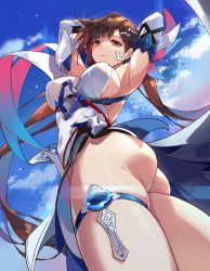 Rule 34 | 1girl, armpits, ass, blush, breasts, brown eyes, brown hair, china dress, chinese clothes, cloud, dress, elbow gloves, gloves, hair ornament, highres, honkai (series), honkai impact 3rd, large breasts, li sushang, li sushang (jade knight), long hair, looking at viewer, sky, smile, solo, thigh strap, thighs, white dress, zomzomzomsauce