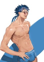 Rule 34 | 1boy, abs, absurdres, alternate costume, aqua male swimwear, bk (aaide114), blue hair, blue male swimwear, commentary request, cu chulainn (fate), cu chulainn (fate/stay night), fate/grand order, fate/hollow ataraxia, fate/stay night, fate (series), feet out of frame, glasses, hand on own hip, highres, holding, holding surfboard, korean commentary, long hair, looking away, male focus, male swimwear, ponytail, red eyes, simple background, smile, solo, surfboard, swim trunks, swimsuit, toned, toned male, white background