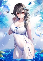 Rule 34 | 1girl, alternate costume, black hair, breasts, cleavage, covered navel, dress, hachiware (8ware63), hair between eyes, hair flaps, hair ornament, hair over shoulder, highres, jingei (kancolle), kantai collection, large breasts, long hair, low ponytail, partially submerged, red eyes, sleeveless, sleeveless dress, smile, solo, standing, whale hair ornament, white dress