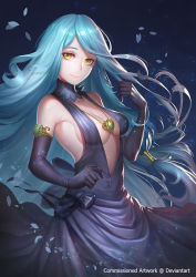 Rule 34 | 1girl, azura (fire emblem), bare shoulders, black dress, blue hair, breasts, cleavage, commission, dark duck, dress, elbow gloves, fire emblem, fire emblem fates, gloves, highres, jewelry, long hair, looking at viewer, low-tied long hair, medium breasts, necklace, nintendo, smile, solo, yellow eyes