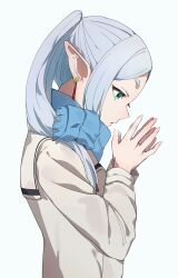 Rule 34 | 1girl, absurdres, blue scarf, commentary, dangle earrings, drop earrings, earrings, elf, frieren, from side, green eyes, grey hair, grey jacket, highres, jacket, jewelry, looking down, own hands together, pointy ears, profile, scarf, simple background, solo, sousou no frieren, tar0u, twintails, white background