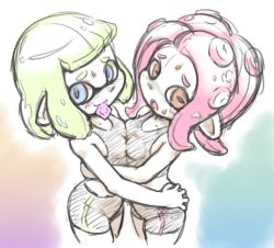 Rule 34 | 2girls, ass grab, bike shorts, blue eyes, blue pupils, breast press, breasts, closed mouth, condom, condom in mouth, furrowed brow, grabbing another&#039;s ass, groping, hand on another&#039;s back, highres, horizontal pupils, ikaheigen, inkling, inkling girl, inkling player character, light green hair, long hair, mouth hold, multicolored background, multiple girls, nintendo, octoling, octoling girl, octoling player character, open mouth, orange eyes, orange pupils, pink hair, pointy ears, short hair, single vertical stripe, small breasts, smile, splatoon (series), suction cups, symmetrical docking, tentacle hair