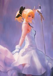 Rule 34 | 1girl, ahoge, artoria pendragon (all), artoria pendragon (fate), bad id, bad twitter id, bare shoulders, black ribbon, blonde hair, bow, caliburn (fate), detached collar, dress, fate/grand order, fate/stay night, fate (series), from behind, gloves, green eyes, hair between eyes, hair bow, highres, holding, holding sword, holding weapon, looking to the side, mintbreak, purple background, ribbon, saber lily, sidelocks, sleeveless, sleeveless dress, smile, solo, sword, weapon, white dress, white gloves
