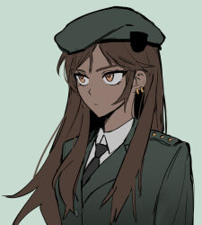 Rule 34 | 1girl, alternate hair length, alternate hairstyle, beret, black necktie, brown eyes, brown hair, closed mouth, collared shirt, dark-skinned female, dark skin, earrings, green background, green jacket, hat, highres, hkvdqg17biqipvm, jacket, jewelry, limbus company, long hair, military, military jacket, military uniform, necktie, outis (project moon), project moon, shirt, simple background, solo, uniform, upper body, white shirt