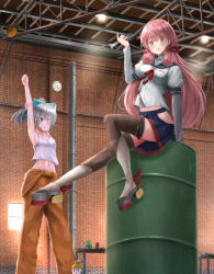 Rule 34 | 10s, 2girls, :q, akashi (kancolle), arm up, barrel, bow, brick wall, brown eyes, cargo hook, ceiling light, clock, drum (container), ductwork, fairy (kancolle), green bow, green eyes, hair bow, hair ribbon, high heels, hip vent, irohakaede, jumpsuit, kantai collection, long hair, looking at viewer, multiple girls, navel, on barrel, outstretched leg, pink hair, ponytail, rafters, red ribbon, ribbon, rudder footwear, silver hair, sitting, smudge, sretching, table, tank top, thighhighs, tied overalls, tongue, tongue out, tress ribbon, v-shaped eyebrows, very long hair, warehouse, wrench, yuubari (kancolle), zettai ryouiki