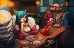 Rule 34 | 2girls, :q, ahri (league of legends), animal ears, annie (league of legends), bamboo steamer, baozi, bar (place), bare shoulders, blue hair, breasts, head rest, cleavage, dumpling, food, large breasts, league of legends, licking lips, lips, long hair, meat, meng tian zhang, monster, multiple girls, multiple tails, noodles, pink hair, plate, shrimp, stew, table, tail, tea, teapot, tibbers, tongue, tongue out