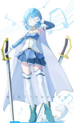 Rule 34 | 1girl, absurdres, ankle boots, bandage on face, bandages, blue footwear, blue skirt, bodice, boots, cape, character name, chinese commentary, collared cape, covered face, detached sleeves, facing viewer, fortissimo, frills, full body, gloves, hair ornament, hand in own hair, hand on own face, highres, holding, holding sword, holding weapon, kyubey, mahou shoujo madoka magica, mahou shoujo madoka magica: walpurgis no kaiten, miki sayaka, musical note, musical note hair ornament, simple background, skirt, solo, staff (music), standing, sword, thighhighs, weapon, white background, white cape, white gloves, white thighhighs, xinjinjumin8456216