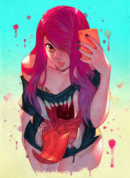 Rule 34 | 1girl, :p, arm at side, artist name, black shirt, blood, blood splatter, blue nails, breasts, cleavage, closed mouth, collarbone, cowboy shot, crossed legs, drooling, extra mouth, gradient background, hair over one eye, large breasts, leaning forward, long hair, looking at viewer, md5 mismatch, monster girl, nail polish, nana nakano, no pants, off-shoulder shirt, off shoulder, open mouth, original, pink hair, saliva, selfie, sharp teeth, shirt, short sleeves, sidelocks, solo, standing, tareme, teeth, thighs, tongue, tongue out, torn clothes, torn shirt, white shirt