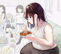 black_skirt blue_eyes brown_hair curvy eating fat fat_woman food food_focus highres long_hair midriff_peek muffin_top multiple_girls original plump shiori_(plzcallmeshiori) skirt takoyaki tank_top white_tank_top