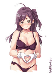 Rule 34 | 1girl, ahoge, asymmetrical hair, bare shoulders, blush, bow, bow bra, bra, breasts, brown eyes, cleavage, closed mouth, collarbone, commentary request, ebifurya, gloves, groin, hagikaze (kancolle), hair between eyes, heart, heart hands, highres, kantai collection, long hair, looking at viewer, medium breasts, navel, one side up, panties, purple bra, purple hair, purple panties, side-tie panties, side ponytail, simple background, smile, solo, standing, underwear, underwear only, white background, white gloves