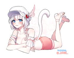 Rule 34 | 1girl, :3, animal ears, bare legs, bare shoulders, blue eyes, blunt bangs, blush, braid, breasts, cat ears, cat tail, cleavage, closed mouth, collarbone, commission, crossed arms, detached sleeves, eyelashes, facial mark, feet up, final fantasy, final fantasy xiv, floral background, full body, hair over shoulder, hat, hat feather, heart, highres, iso1206, large breasts, long hair, looking at viewer, lying, midriff, miqo&#039;te, on stomach, red shorts, ribbon-trimmed sleeves, ribbon trim, sandals, shorts, solo, spaghetti strap, tail, warrior of light (ff14), white background, white hat