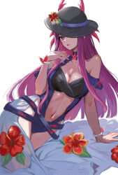 Rule 34 | 1girl, alternate costume, bare shoulders, black hat, blue one-piece swimsuit, breasts, cleavage, clothing cutout, dress, dress swimsuit, female focus, fire emblem, fire emblem engage, fire emblem heroes, flower, hat, hat flower, highres, ivy (fire emblem), ivy (summer) (fire emblem), large breasts, long hair, looking at viewer, matching hair/eyes, mole, mole under mouth, navel, nintendo, official alternate costume, one-piece swimsuit, purple eyes, purple hair, see-through, see-through headwear, solo, stomach, stomach cutout, swimsuit, yuurururun
