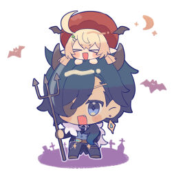 Rule 34 | &gt; &lt;, 1boy, 1girl, :d, ahoge, bat (animal), beret, black coat, black footwear, black horns, black necktie, black wings, blonde hair, blue eyes, blue hair, blue pants, blue vest, blush, blush stickers, chibi, child, closed eyes, clover hair ornament, coat, collared shirt, commentary, crescent moon, dark-skinned male, dark skin, demon horns, earrings, english commentary, eyepatch, fang, fur-trimmed coat, fur trim, genshin impact, hair between eyes, hair ornament, hair over shoulder, hairclip, hat, head wings, holding trident, horns, jewelry, kaeya (genshin impact), klee (genshin impact), koma (km mmmk), long hair, long sleeves, looking at viewer, low twintails, moon, multicolored hair, necktie, on head, one eye covered, open clothes, open coat, open mouth, pants, parted bangs, person on head, pointy ears, polearm, ponytail, red headwear, shirt, shoes, simple background, single earring, smile, standing, streaked hair, swept bangs, tombstone, trident, twintails, vest, weapon, white background, white shirt, wings