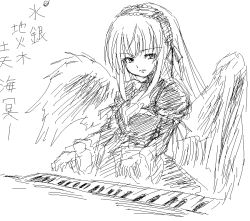 Rule 34 | 00s, 1girl, greyscale, hairband, instrument, keyboard (instrument), lolita hairband, long sleeves, looking to the side, monochrome, music, oekaki, parted lips, playing instrument, rozen maiden, sidelocks, simple background, sketch, solo, suigintou, upper body, white background, wings