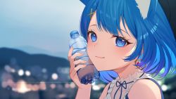 Rule 34 | 1girl, animal ear fluff, animal ears, bare shoulders, blue eyes, blue hair, blurry, blurry background, bottle, closed mouth, commentary request, depth of field, earrings, gradient hair, hair ornament, hairclip, hand up, heart, heart earrings, highres, holding, holding bottle, jewelry, looking at viewer, multicolored hair, nanashi inc., nishino eri, purple hair, sleeveless, smile, solo, souya ichika, souya ichika (5th costume), upper body, virtual youtuber, water bottle, x hair ornament