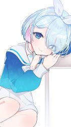 Rule 34 | 1girl, aqua hair, arm rest, arona (blue archive), bad id, bad twitter id, blue archive, blue eyes, blush, choker, hair over one eye, hairband, halo, highres, kaerunrun, long sleeves, looking at viewer, multicolored hair, pink hair, sailor collar, short hair, simple background, skirt, smile, solo, white background, white choker, white hairband, white sailor collar, white skirt