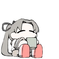 Rule 34 | 1girl, ^ ^, ayanami (kancolle), brown hair, brown skirt, chibi, closed eyes, commentary request, cup, closed eyes, grey footwear, holding, kantai collection, long hair, no mouth, pleated skirt, school uniform, serafuku, shirt, shoes, side ponytail, simple background, sitting, skirt, solo, task (s task80), uniform, white background, white shirt