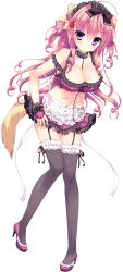 Rule 34 | 1girl, ahoge, animal ears, areola slip, between breasts, blush, breasts, cleavage, collar, dog ears, dog tail, frilled thighhighs, frills, full body, garter straps, hair ornament, high heels, highres, large breasts, leash, long hair, looking at viewer, navel, pink eyes, pink hair, skirt, smile, solo, standing, tail, thighhighs, transparent background, two side up, wori