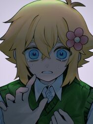 Rule 34 | 0tz026, 1boy, basil (faraway) (omori), basil (omori), blonde hair, blue eyes, collared shirt, crying, crying with eyes open, flower, green sweater vest, hair flower, hair ornament, highres, looking at viewer, omori, parted lips, shirt, short hair, short sleeves, solo, sweater vest, tears, upper body, white shirt