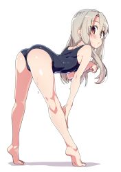 Rule 34 | 1girl, arched back, ass, bare shoulders, barefoot, bent over, blush, fate/kaleid liner prisma illya, fate (series), feet, from behind, full body, grey hair, highres, illyasviel von einzbern, kneepits, legs, long hair, looking at viewer, looking back, one-piece swimsuit, open mouth, school swimsuit, simple background, solo, standing, swimsuit, tiptoes, toes, tottotonero, white background