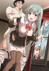 Rule 34 | 1boy, 2girls, absurdres, admiral (kancolle), aqua hair, ascot, blazer, bow, bowtie, breasts, breasts out, brown hair, brown jacket, brown legwear, cardigan, clothed sex, green eyes, hair ornament, hairclip, hat, hetero, highres, indoors, interior, jacket, kantai collection, kumano (kancolle), kumano kai ni (kancolle), long hair, military, military uniform, miracan, multiple girls, naval uniform, nipples, panties, panty pull, peaked cap, pleated skirt, ponytail, red bow, red bowtie, school uniform, sex, sex from behind, skirt, standing, standing sex, suzuya (kancolle), suzuya kai ni (kancolle), thighhighs, underwear, uniform, white panties